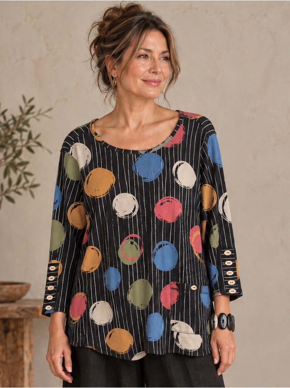 Ali Miles Abstract Print Lagenlook Cotton Top – Petite Large